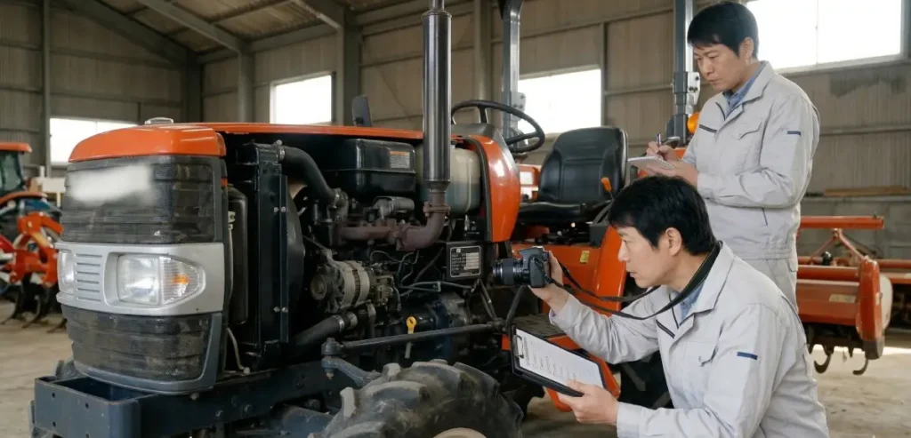 離農時に農機具をまとめて売るメリットイメージ。農機具を査定情報と相違がないかチェックする様子