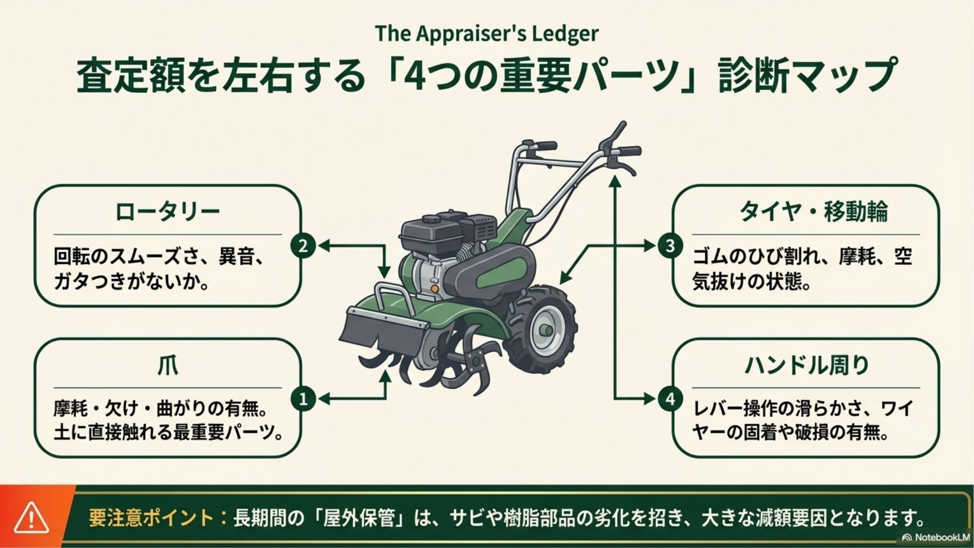 爪やロータリー部分の状態が査定に影響